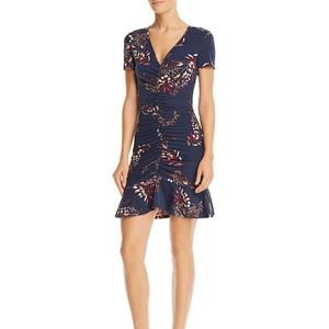 Bodycon Ruched Botanical Print Navy Dress Sz L